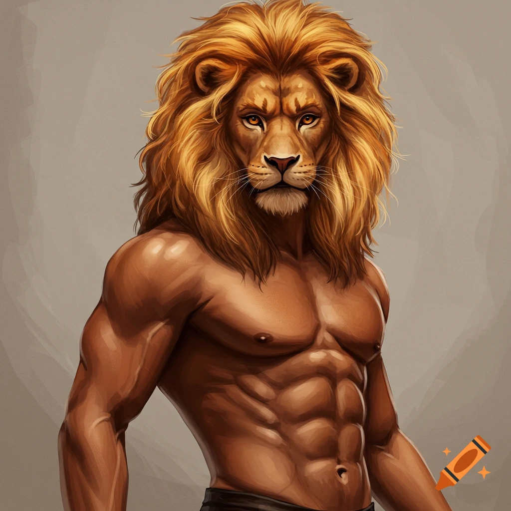 A muscular, shirtless male figure with a lion's head and a golden mane stands against a gray background.