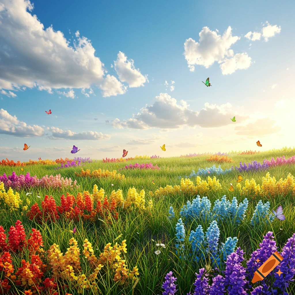 A vibrant meadow teeming with colorful rainbow flowers and butterflies under a bright blue sky with fluffy white clouds.