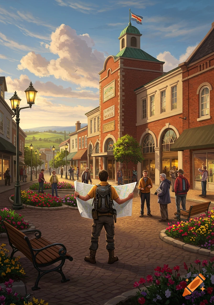 A person with a backpack and map stands in a bustling town square surrounded by brick buildings and flowerbeds.