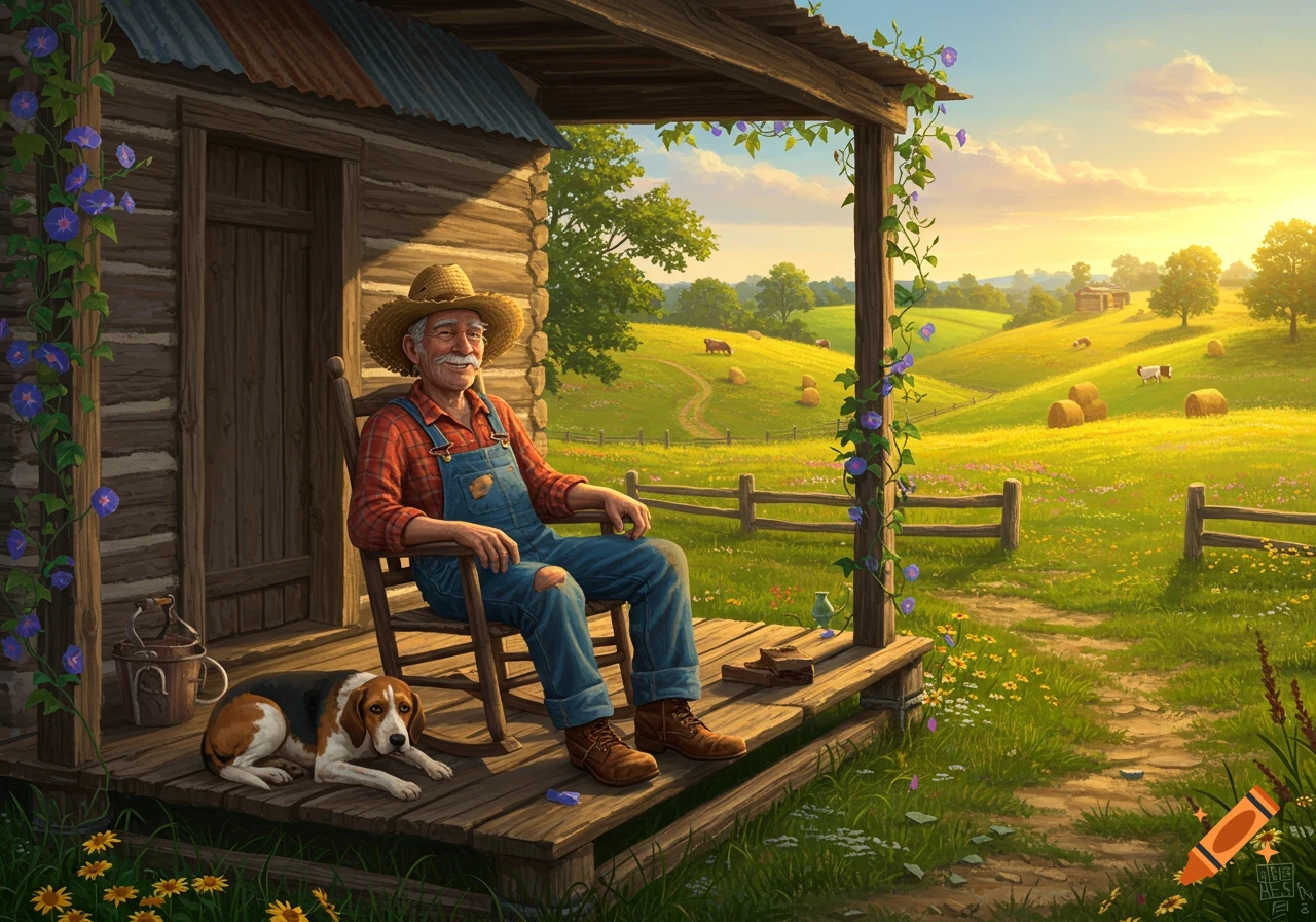 A smiling old man in a straw hat and overalls sits in a rocking chair on a porch with his beagle, overlooking a sunny farm landscape.