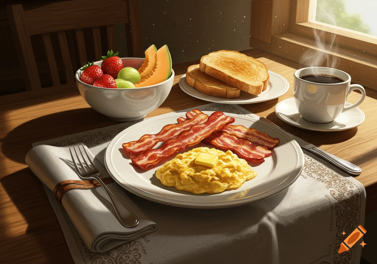 A plate of scrambled eggs and bacon, toast, fruit, and coffee on a table, bathed in warm natural light.