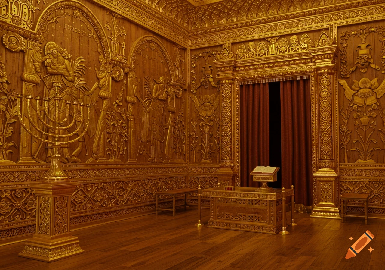 An ornate, golden temple sanctuary interior with carved wooden walls, a menorah, a table, and red curtains. Photorealistic.