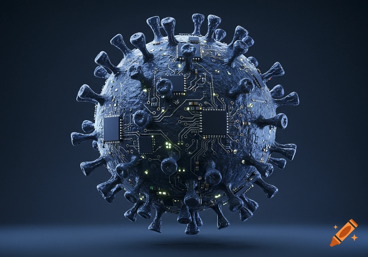 3D rendering of a dark blue virus-like particle adorned with electronic circuit board patterns and glowing components, set against a dark background.