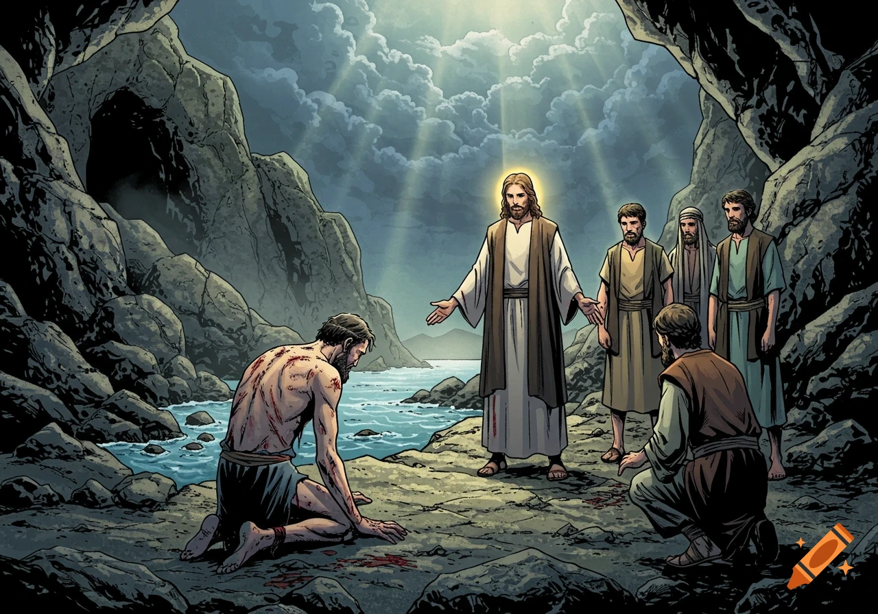 Jesus and disciples meet an injured man kneeling by a rocky shore, graphic novel style.