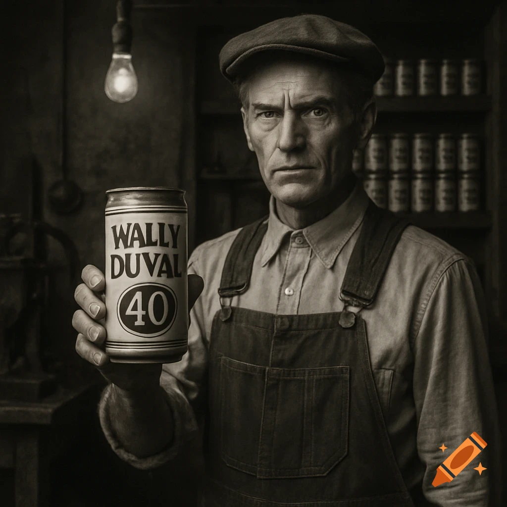 An older man in a cap and overalls holds up a can labeled 'WALLY DUVAL 40' in an old time black and white photograph.