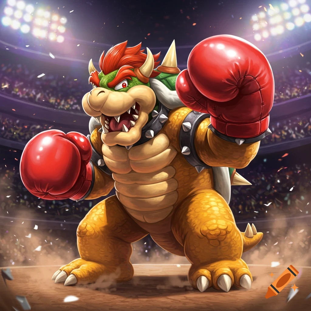 Bowser in red boxing gloves stands fiercely in a brightly lit boxing ring, with a crowd in the background.