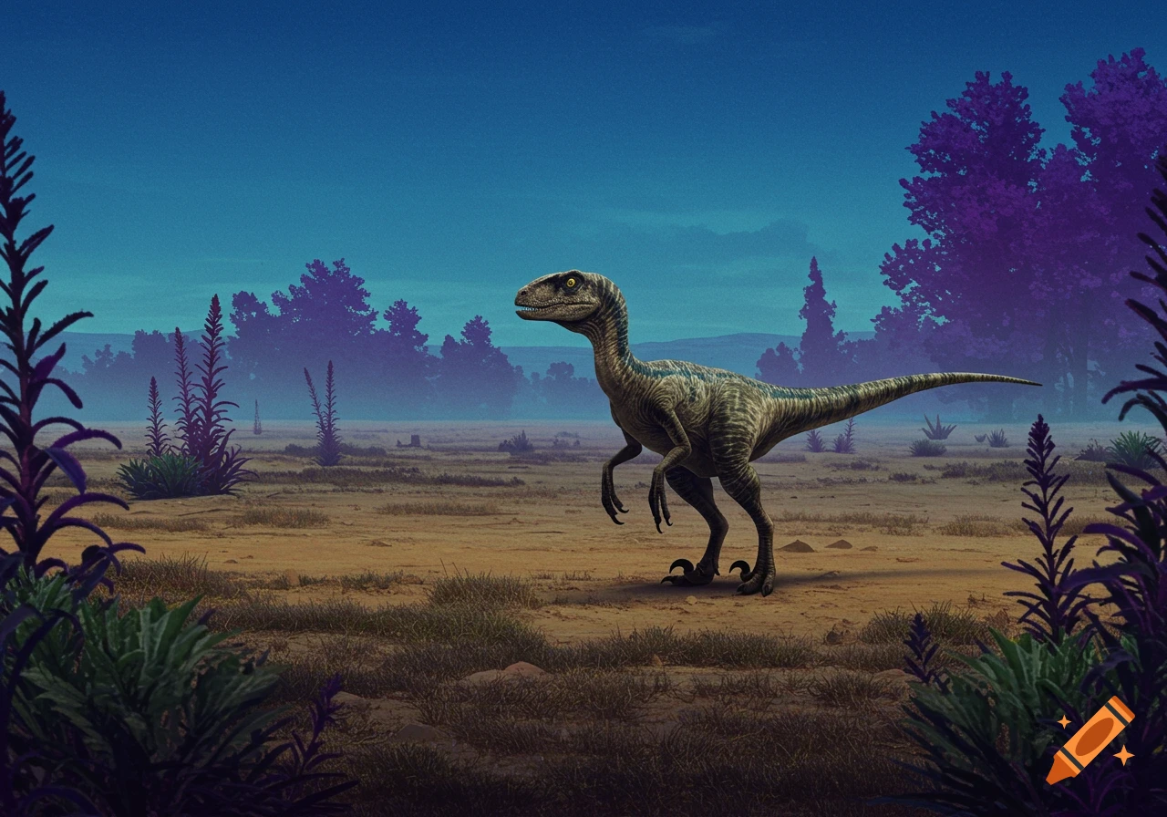 A Velociraptor stands in a Gobi Desert-like landscape with purple trees under a cobalt blue sky.