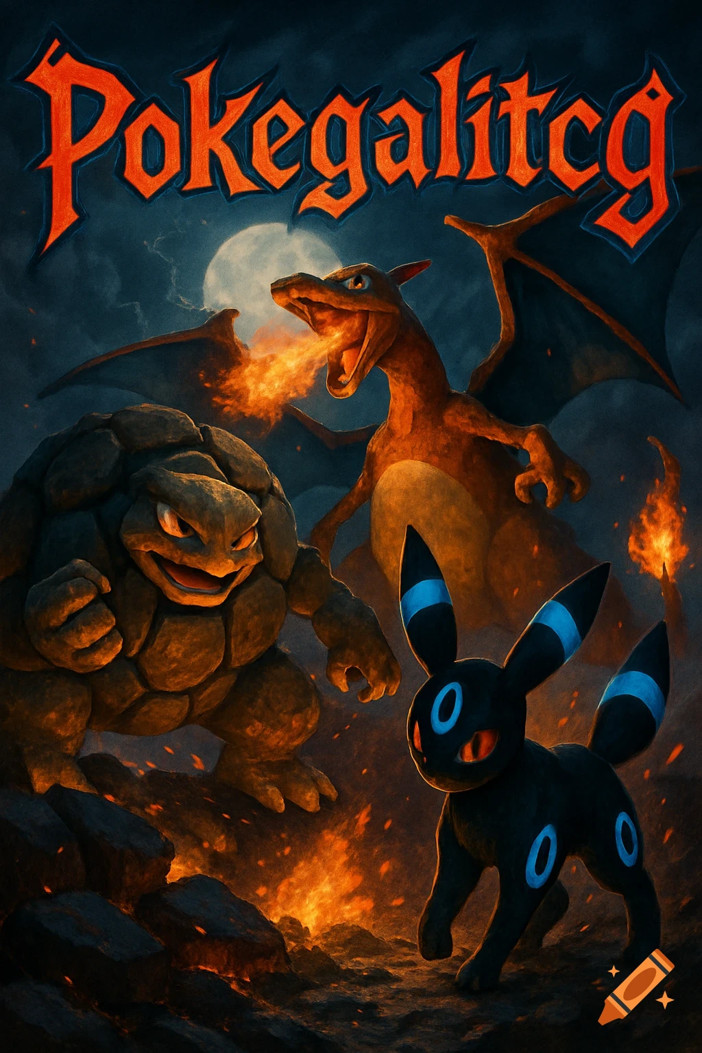 Golem, Charizard breathing fire, and Umbreon glowing under a full moon with text 'Pokegalitcg' overhead.