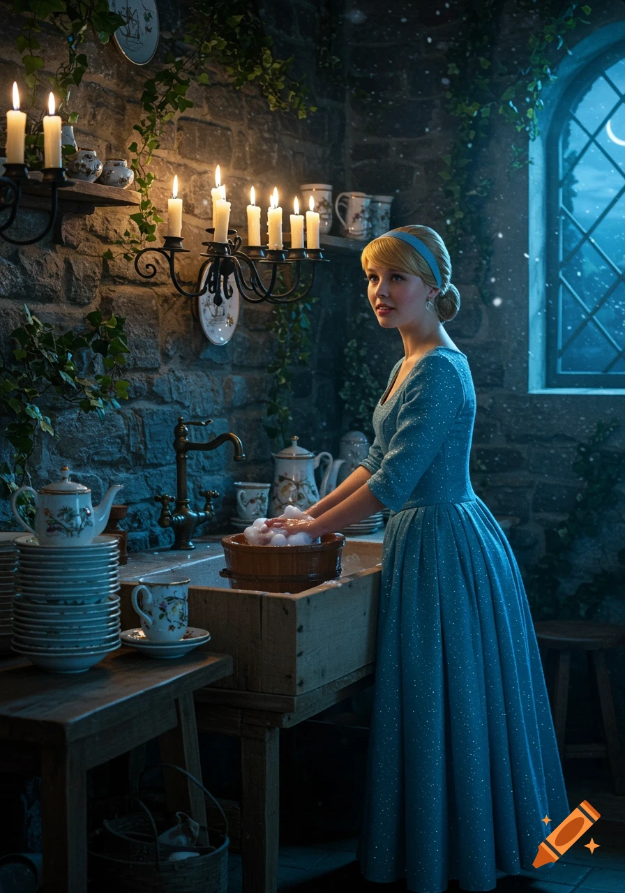 A photorealistic image of a woman in a blue dress, like Cinderella, washing dishes in a rustic, candlelit kitchen at night.
