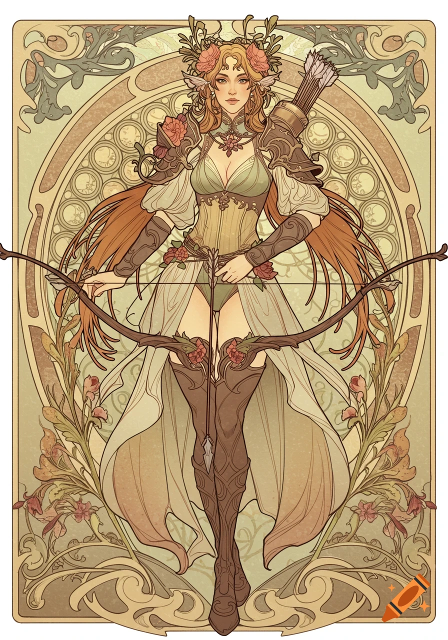 Art Nouveau illustration of an elegant fantasy female archer with long hair and floral ornaments, holding a bow.