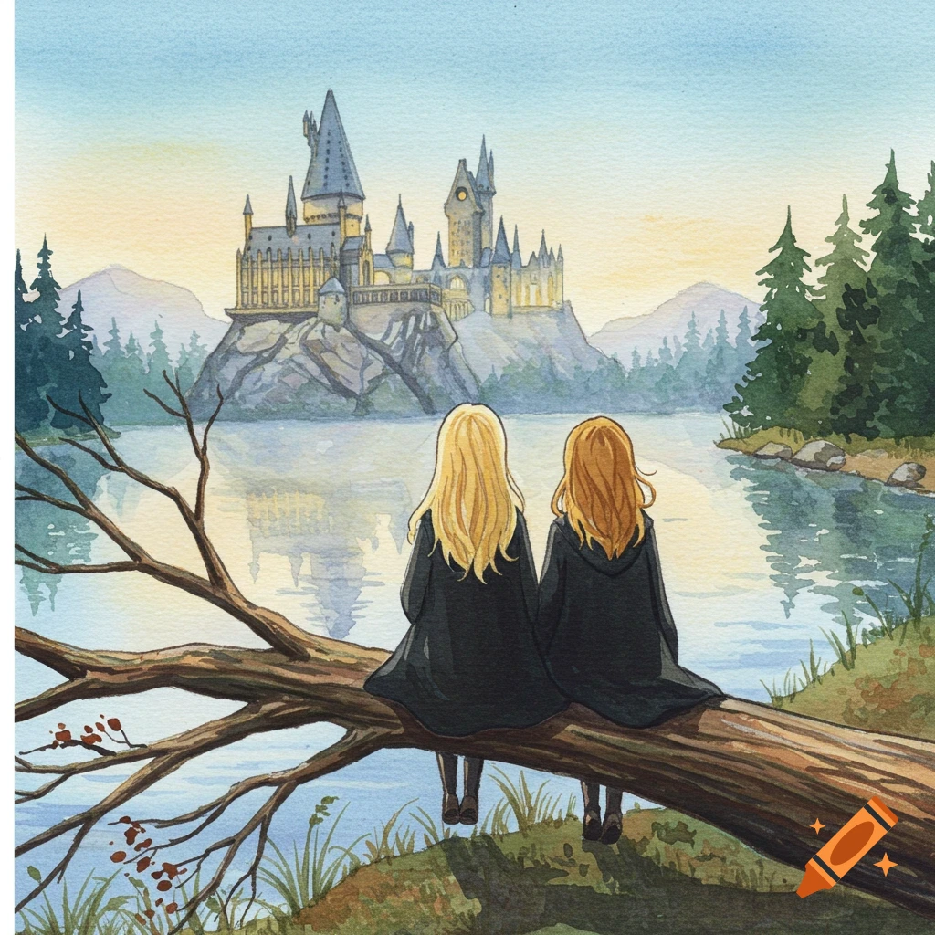 Two girls in black cloaks sit on a fallen log overlooking a lake with Hogwarts castle in the distance, watercolor style.