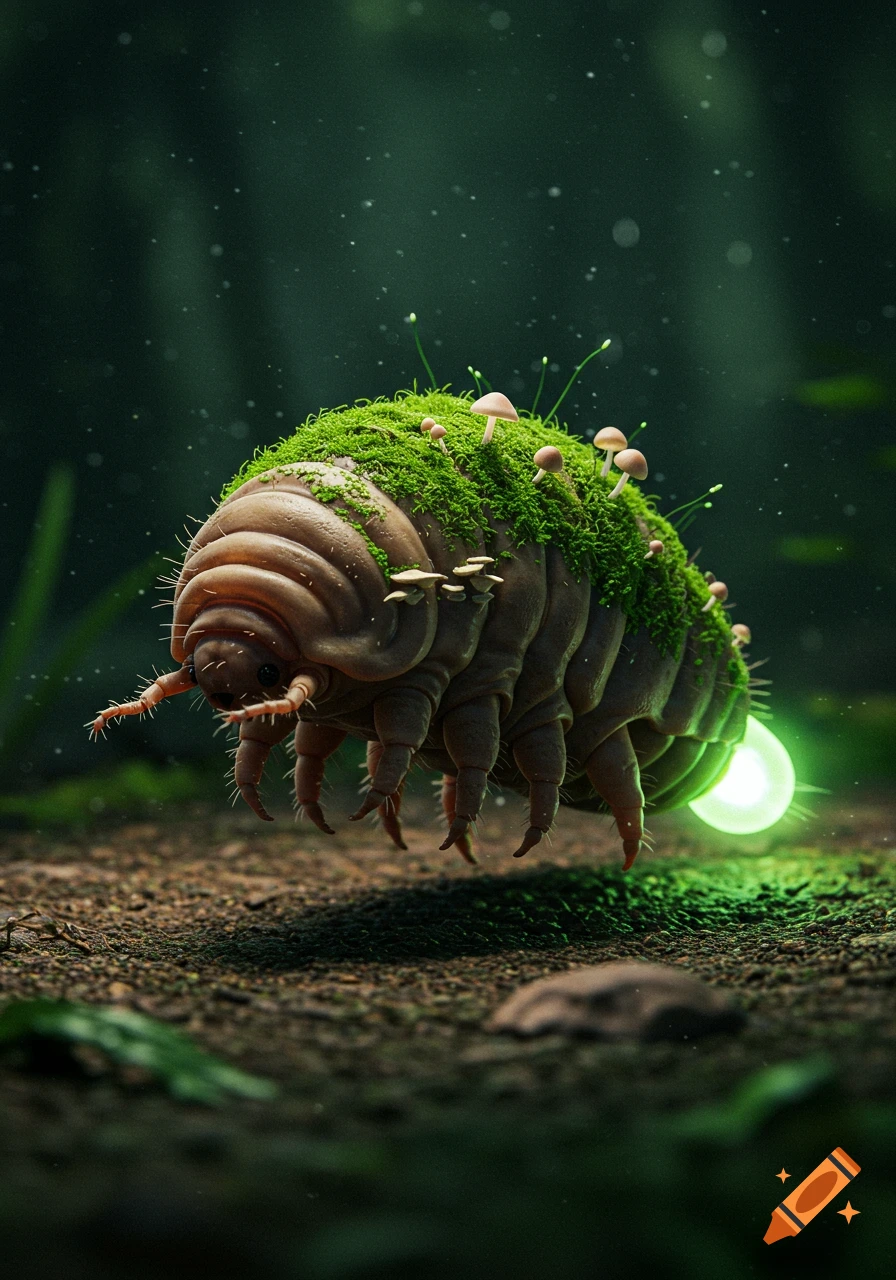 A photorealistic grub-like creature covered in moss and tiny mushrooms, with a glowing green tail, on a forest floor.