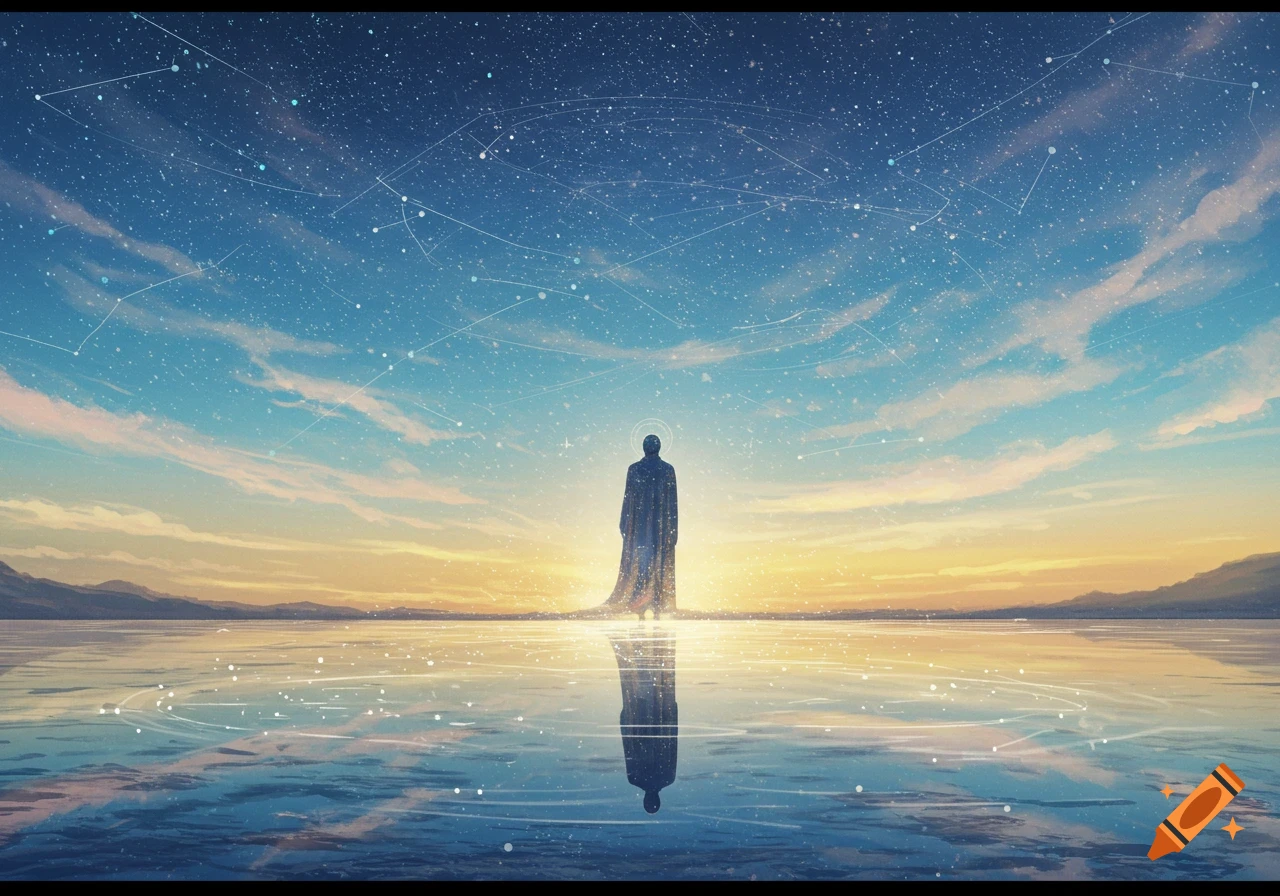 A silhouetted figure with a halo stands on calm water, reflecting a brilliant starry sky with visible constellations and a sunset horizon.