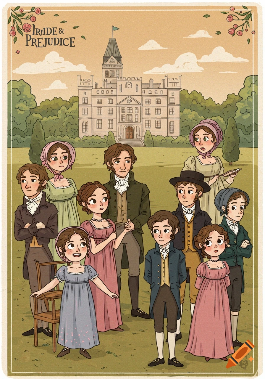 Cartoon illustration of Pride and Prejudice characters in period dress on a lawn before Pemberley manor.