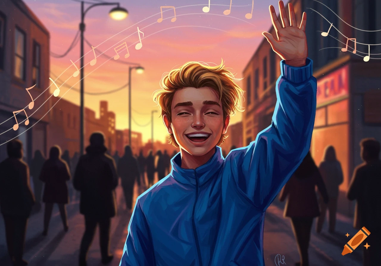 A cheerful blonde man in a blue jacket waves on a bustling city street at sunset, with musical notes floating above him in an illustrated style.