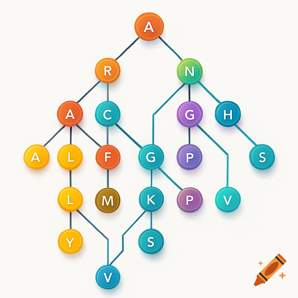 A colorful trie graph diagram with single letters in nodes, representing a tree-like data structure.