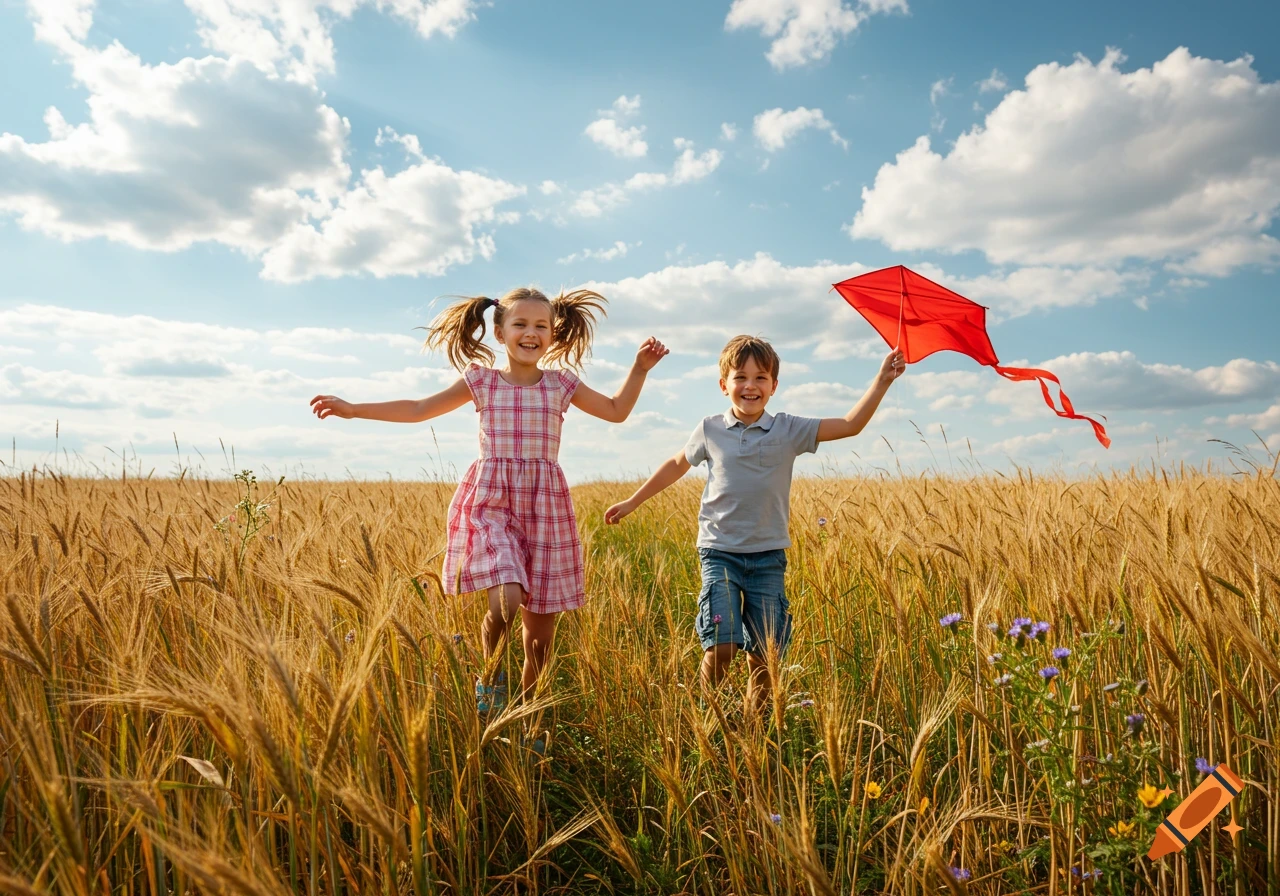 Two happy children run through a golden wheat field under a blue sky, a boy holds a red kite.