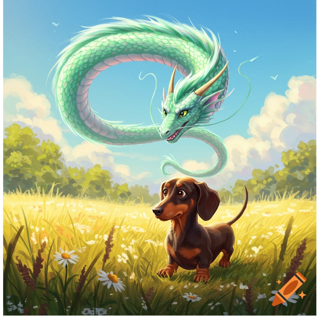 A brown dachshund in a daisy field looks up at a vibrant green Asian-style dragon hovering in a sunny blue sky, in an illustration.