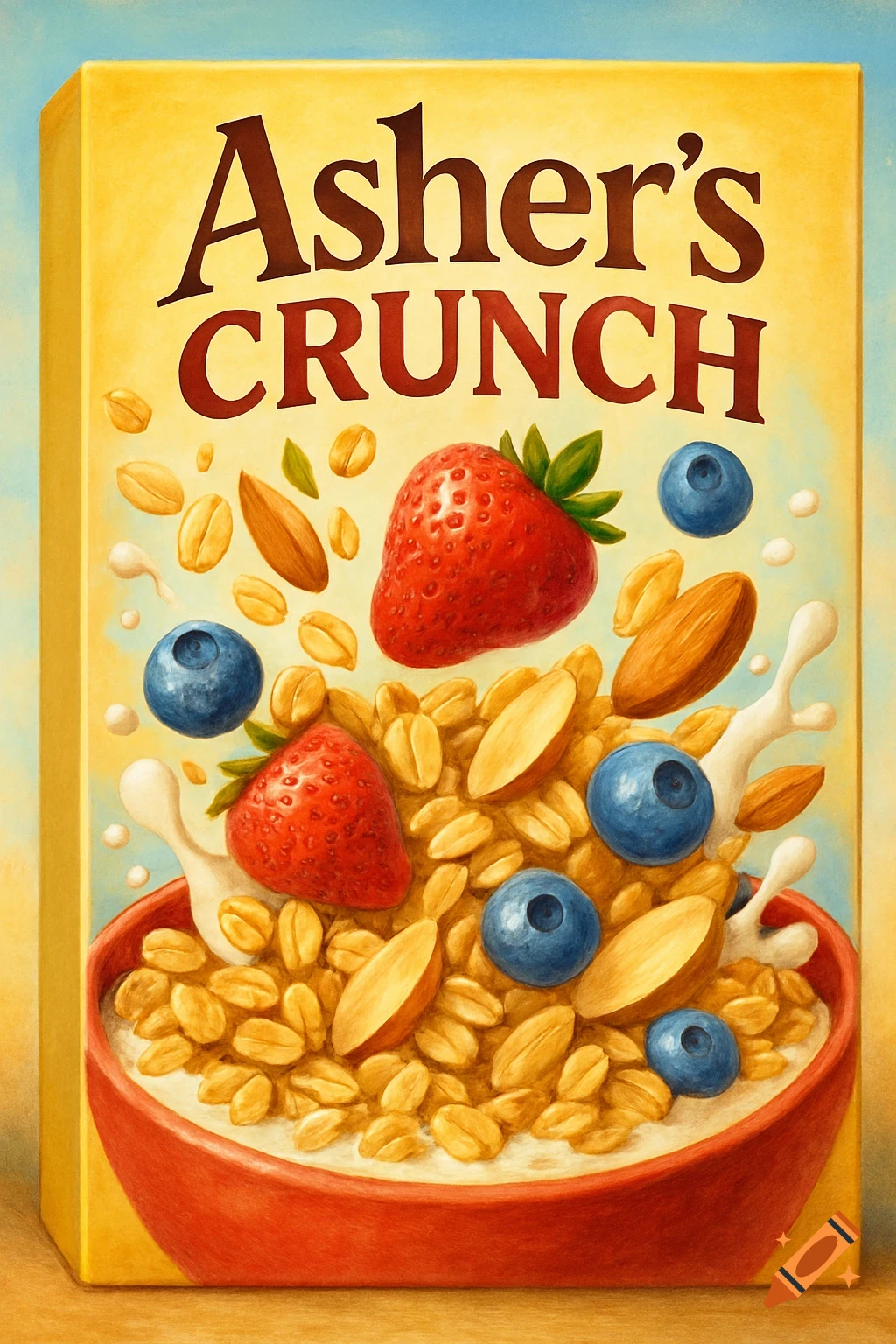 An illustrated cereal box for "Asher's Crunch" featuring oats, almonds, strawberries, blueberries, and milk splashing into a red bowl.