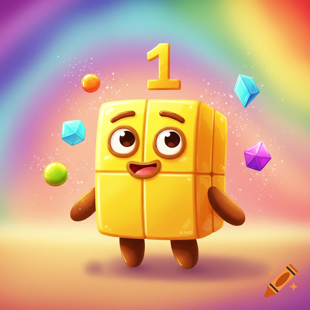 A smiling yellow block character with brown arms and legs stands against a rainbow background, with a large golden number 1 above its head and colorful geometric shapes floating around it, in a cheerful cartoon style.