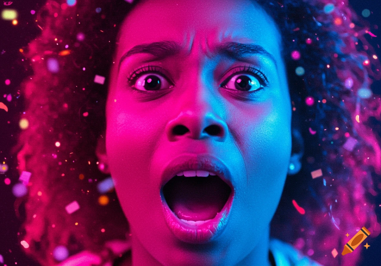 Close-up of a person's face with a shocked expression, illuminated by vibrant pink and blue neon lights, with confetti surrounding them.