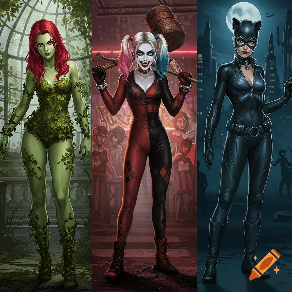 Three female comic book characters: Poison Ivy in a leafy suit, Harley Quinn with a mallet, and Catwoman in a black catsuit, against distinct backgrounds.