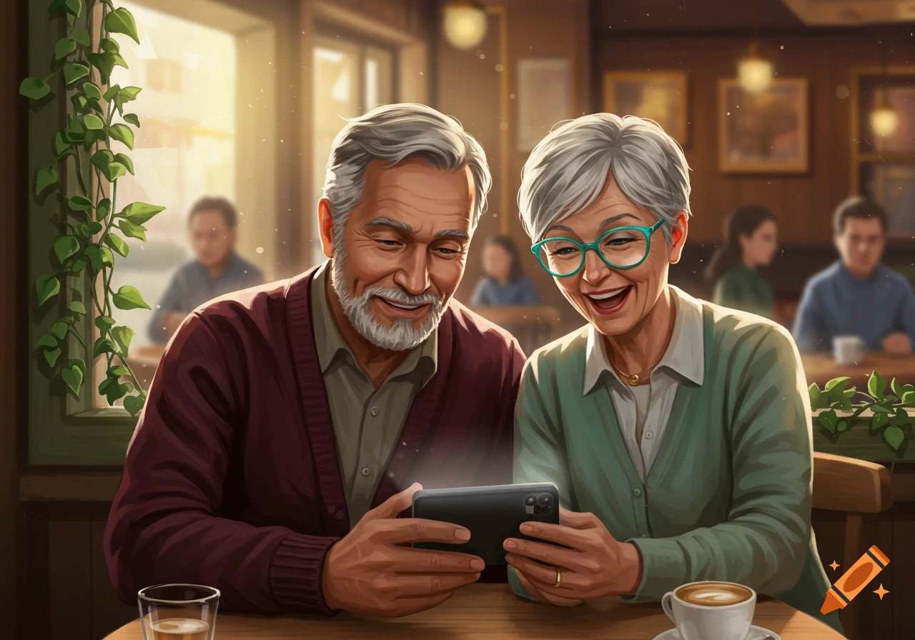Elderly couple smiling, looking at a phone together in a bright, warm cafe. Digital art.