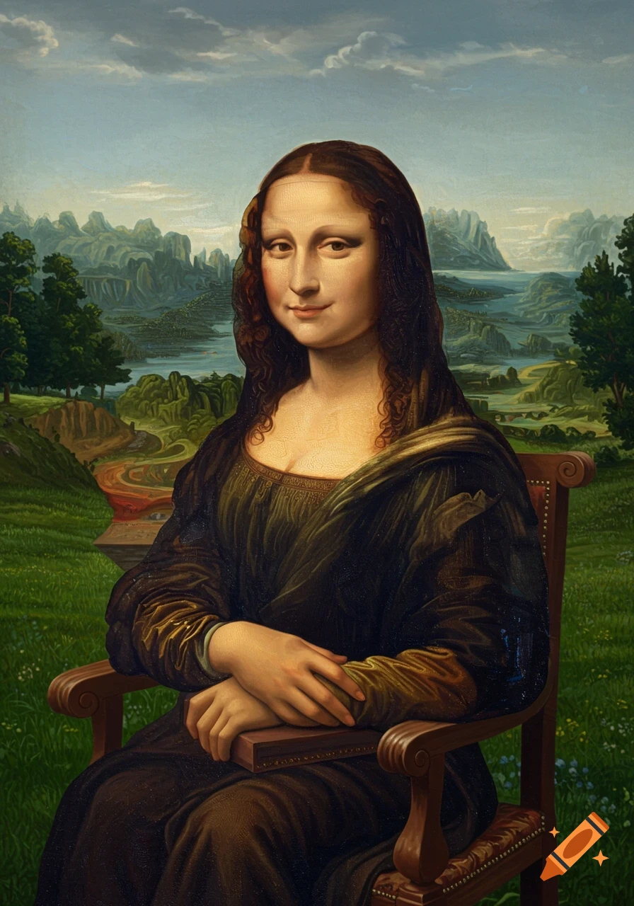 A famous portrait of a woman with a slight smile, modeled after Leonardo da Vinci's Mona Lisa, sitting in a chair with a distant landscape background.