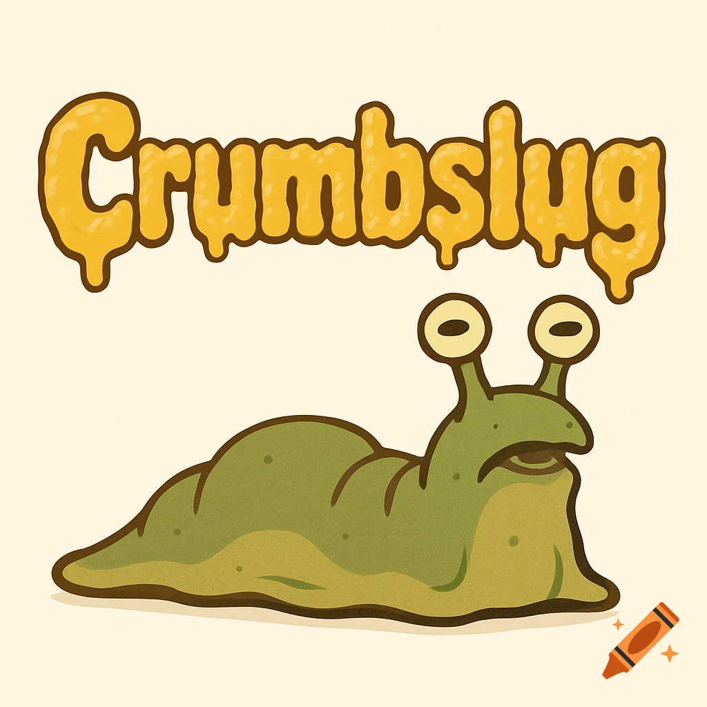 A cartoon illustration of a green slug with large eyes, and the word 'Crumbslug' in gooey yellow text above it.