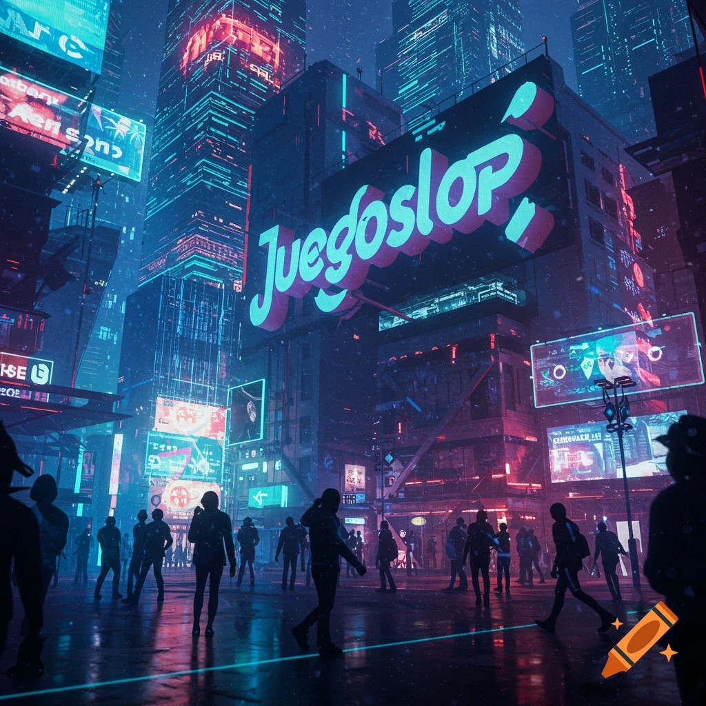 A dark, neon-lit cyberpunk city street at night, with towering skyscrapers, bustling silhouettes of people, and a large sign displaying 'Juegoslop'.