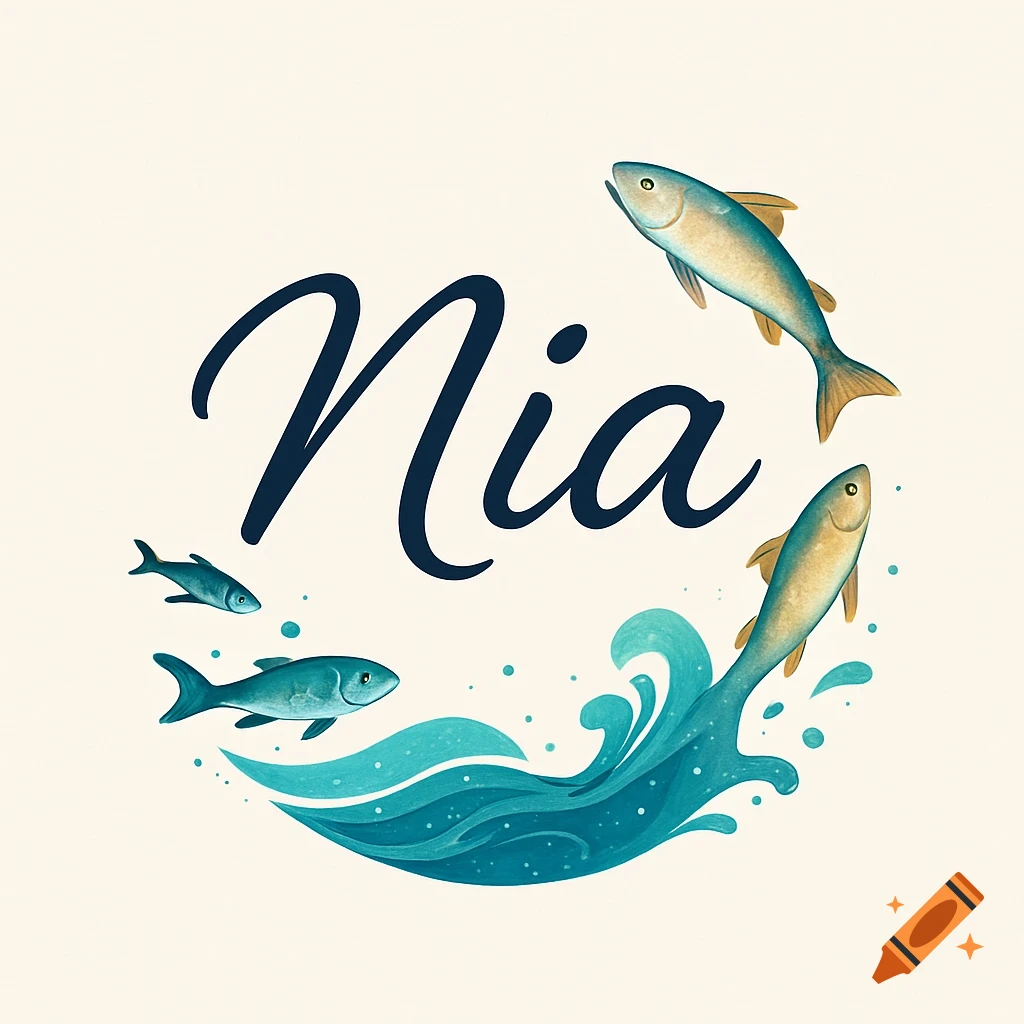 A logo with the name 'Nia' in a script font, encircled by fish and blue waves, in an illustration style.