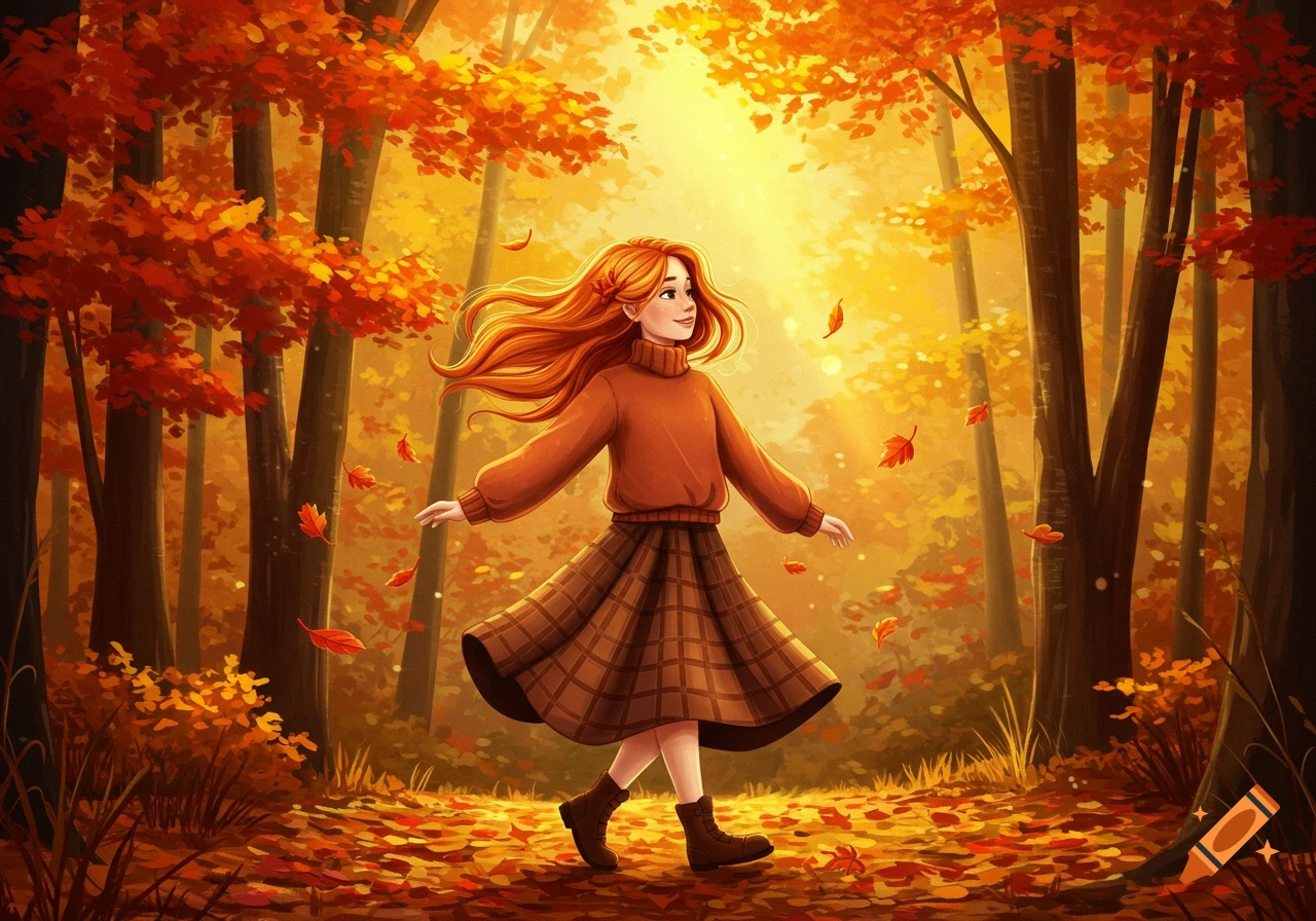 A whimsical illustration of a girl with long red hair walking in an autumn forest with falling leaves.
