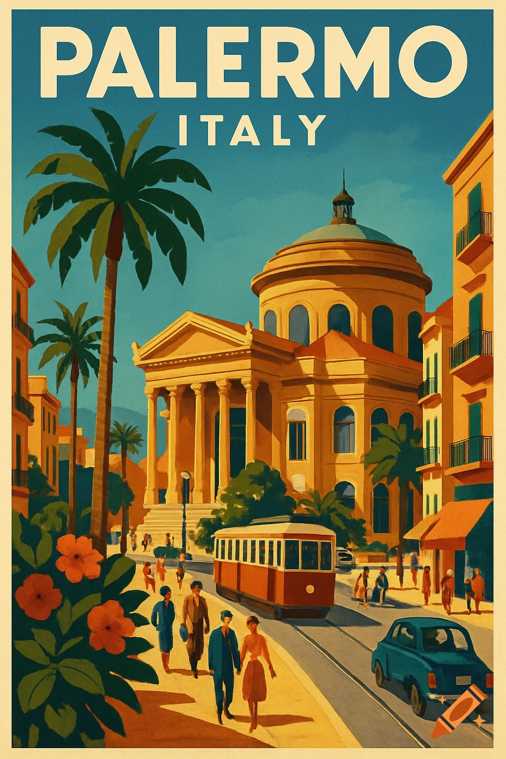 Vintage travel poster of Palermo, Italy, showing a bustling street with a domed building, palm trees, people, a tram, and a car.