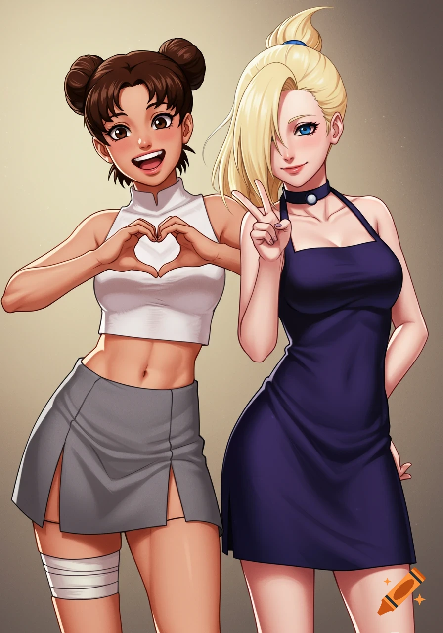 Tenten and Ino from Naruto in anime style. Tenten forms a heart with her hands; Ino gives a peace sign.