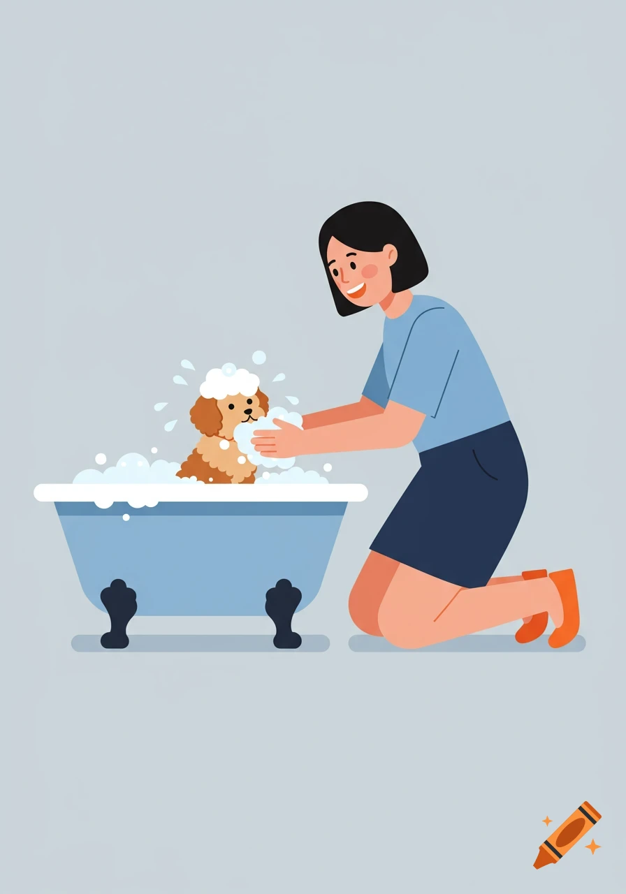 Flat design illustration of a woman kneeling to bathe a fluffy brown dog in a blue tub, surrounded by suds.