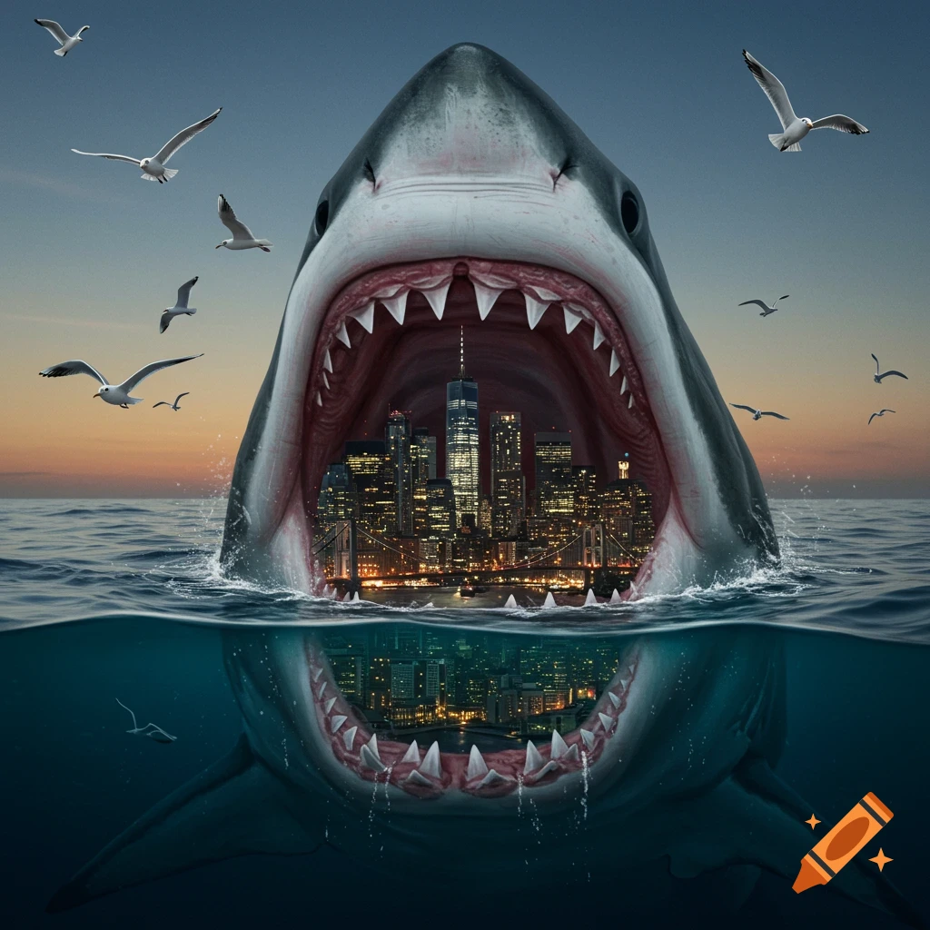 A great white shark emerges from the ocean, mouth wide open, revealing a glowing cityscape within, with seagulls flying above.
