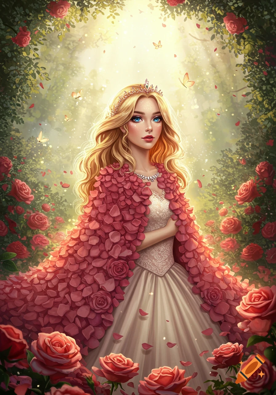 A blonde princess with blue eyes and a crown, adorned in a vibrant cloak of rose petals, stands in a magical, sunlit rose garden. Fantasy art.
