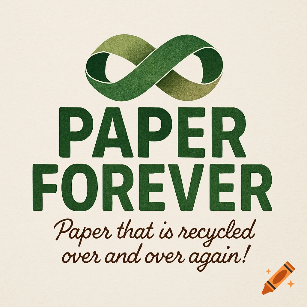 Green infinity symbol above 'PAPER FOREVER' and the slogan 'Paper that is recycled over and over again!' on an off-white background.