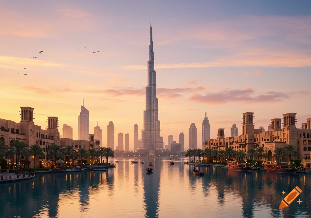 Photorealistic image of a sunset over the Dubai cityscape, featuring the Burj Khalifa, traditional buildings, and boats on a canal.