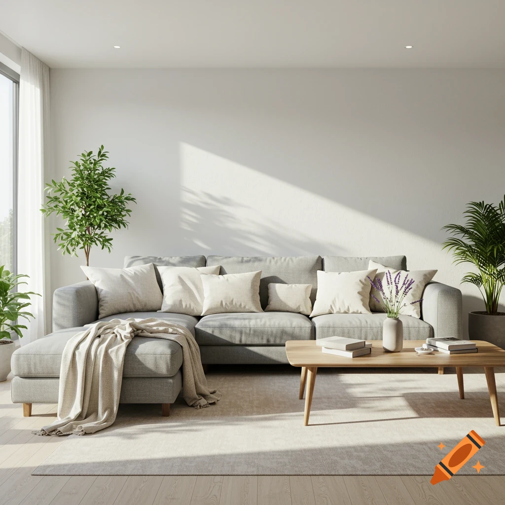 A photorealistic modern living room with a gray sectional sofa, light wood coffee table, white pillows, and potted plants.