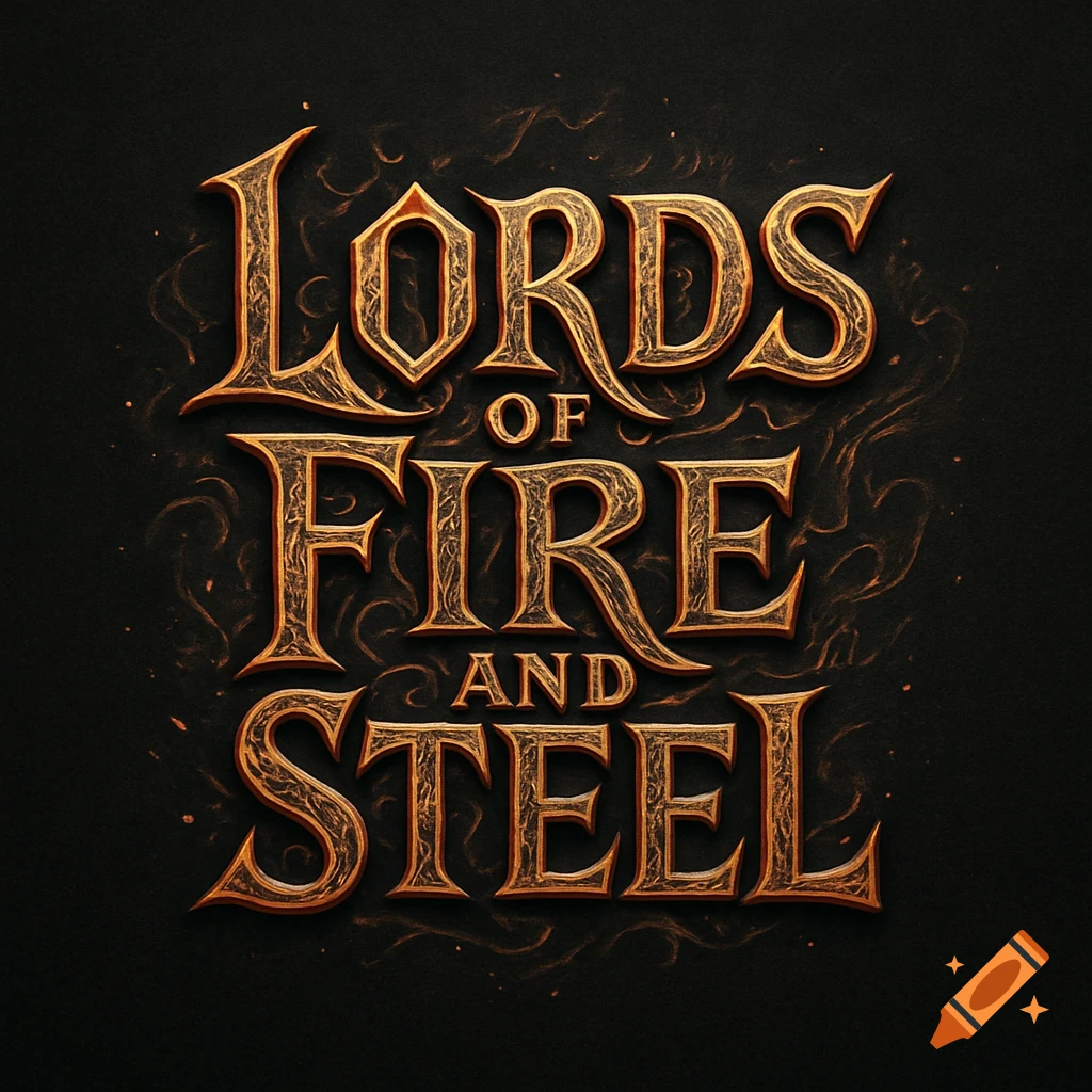 Stylized gold and bronze text logo reading 'Lords of Fire and Steel' on a dark background with subtle fiery patterns.