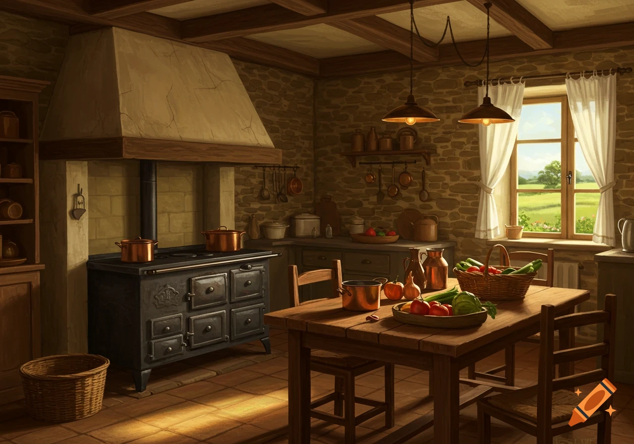 A rustic vintage kitchen with a stone wall, an old-fashioned black stove, and a wooden farm table laden with fresh vegetables.