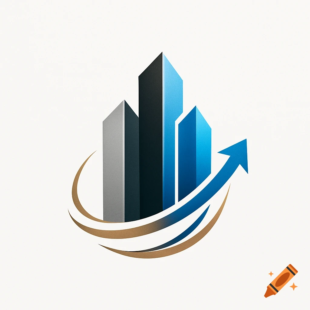 An abstract company logo with three stylized rectangular towers in blue and gray, encircled by an upward-curving blue arrow with a gold trail.