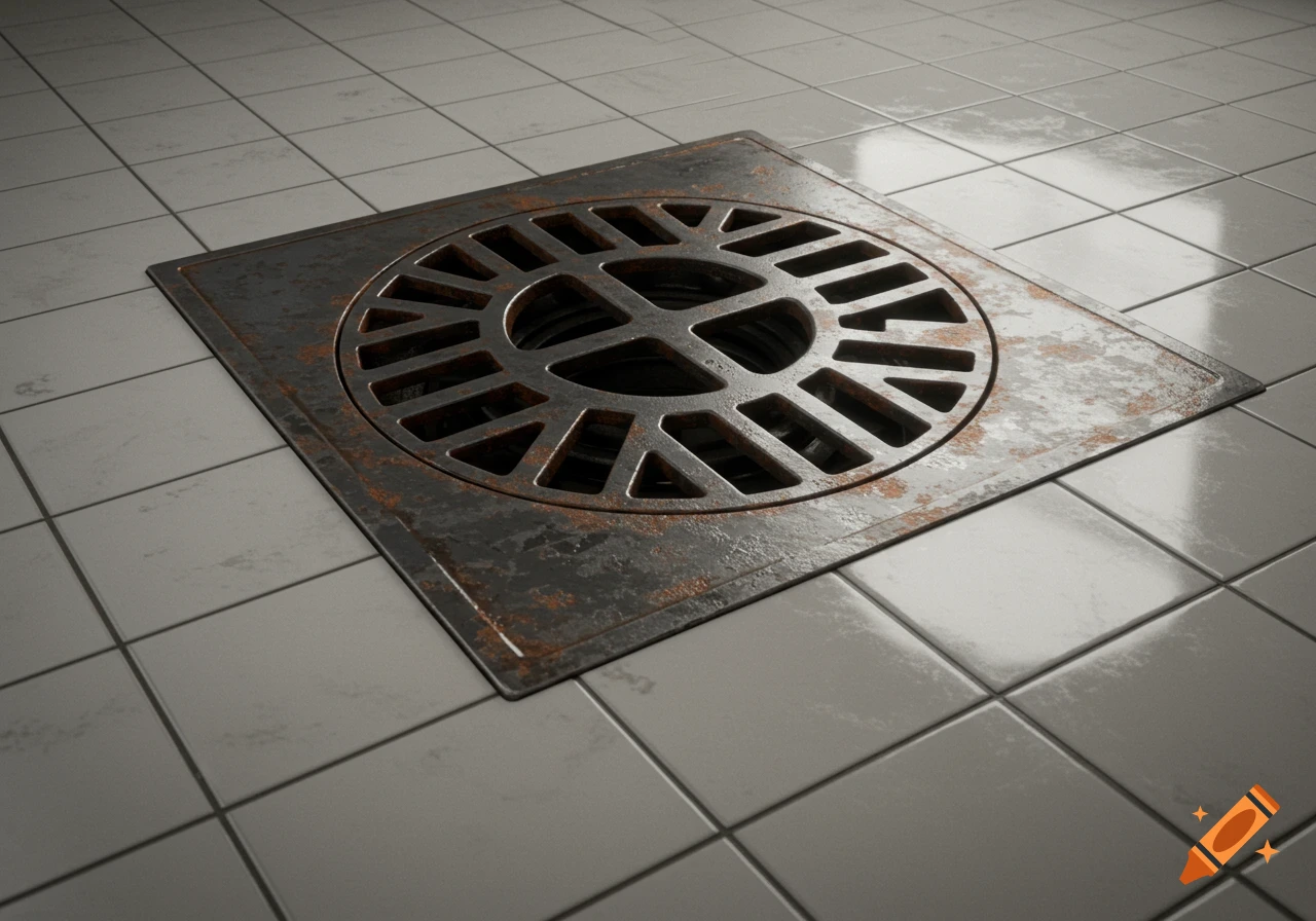 A rusty square metal floor drain centered on a white tiled floor, photorealistic.