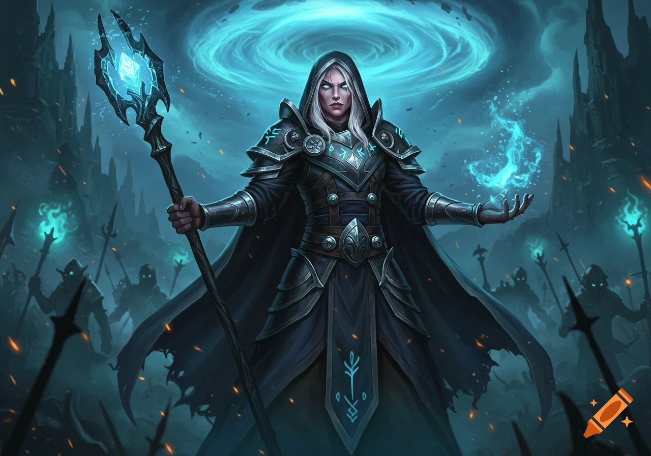 A powerful female battlemage with glowing eyes holds a glowing staff and conjures magic, standing before an army of shadowy figures and a dark castle under a swirling magical sky.