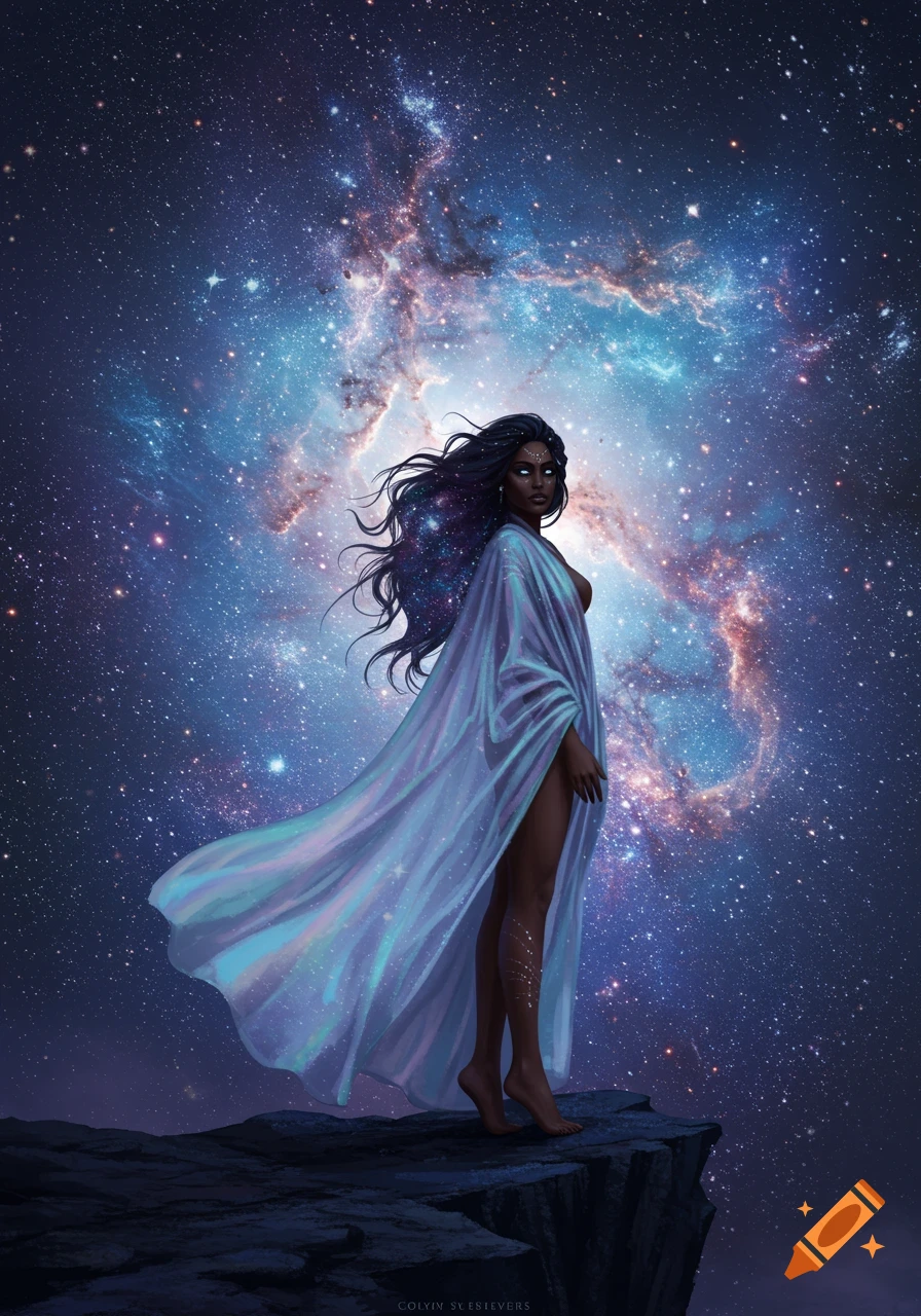 A celestial woman with dark hair, glowing eyes, and a shimmering, translucent gown stands on a cliff edge against a vibrant galaxy.