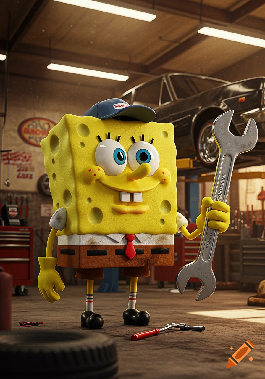 Realistic SpongeBob SquarePants dressed as a mechanic, holding a large wrench in an auto repair garage.