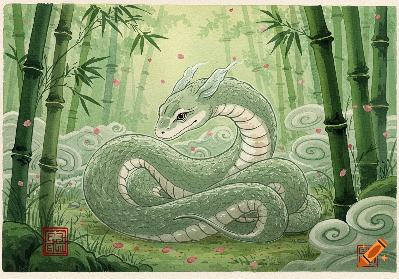 A green horned snake coiled gracefully in a bamboo forest, with pink petals scattered on the ground, in a traditional watercolor style.