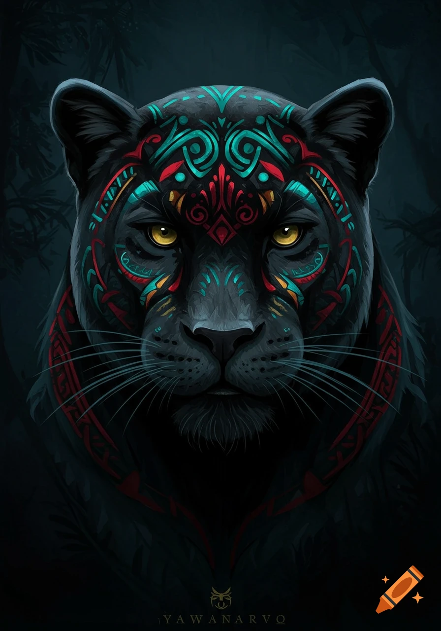 Close-up of a black panther's head adorned with intricate red, blue, and yellow geometric patterns in a dark jungle setting, digital art.