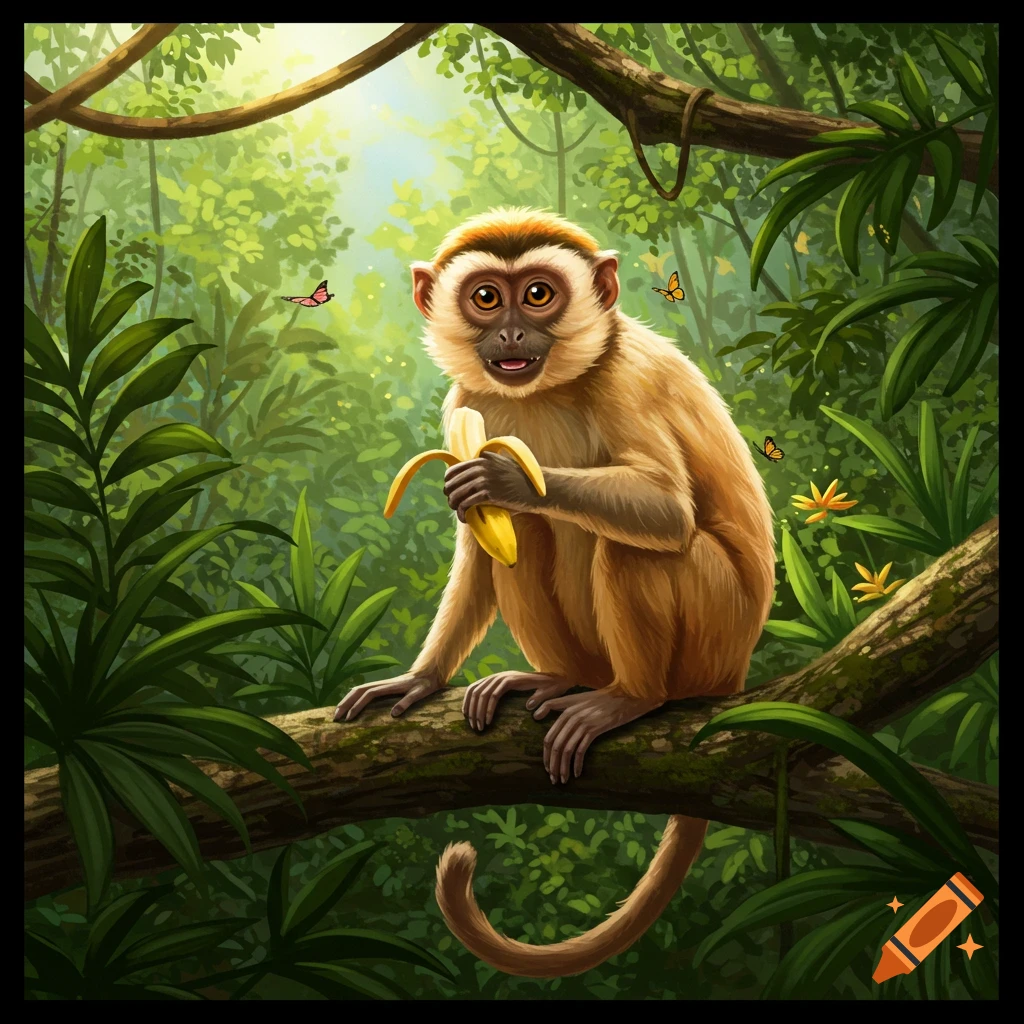A happy monkey sits on a tree branch in a lush jungle, peeling a bright yellow banana. The art style is a vibrant, detailed illustration.